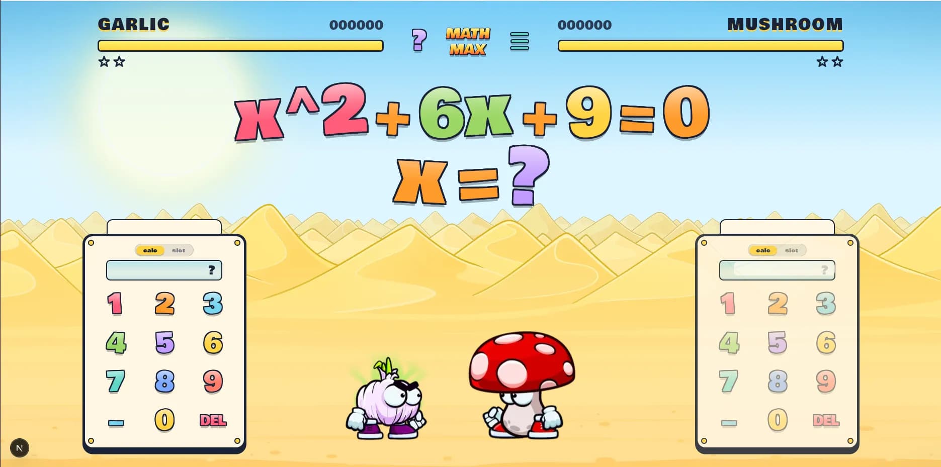 Uma batalha do Math Max a decorrer — dois lutadores correm para resolver primeiro um problema de matemática.